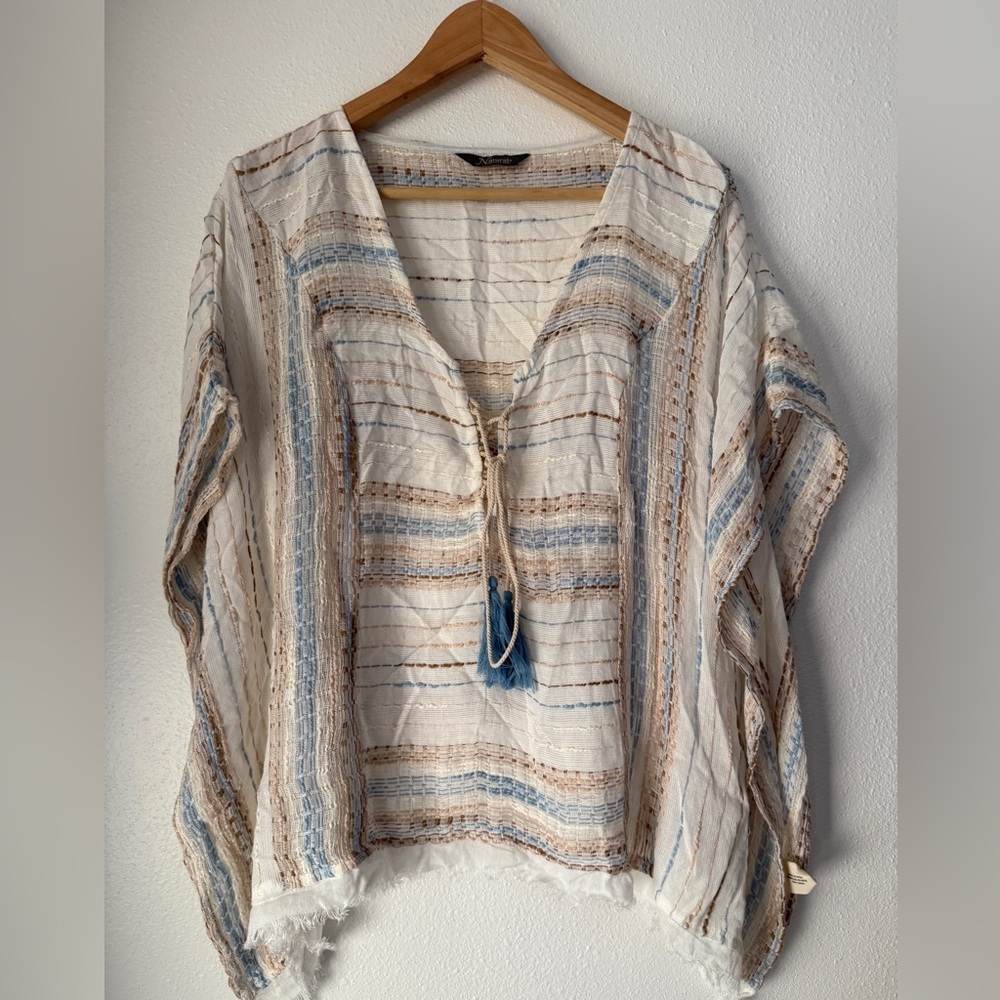 Chic Striped V-Neck Blouse - White, Blue, Tan